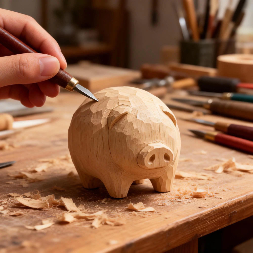 Hand Carved Wooden Pig Figurine, Japanese Style Wood Pig Sculpture, Eco Friendly Renewable Wood Desk Decor, Handmade Animal Miniature Gift