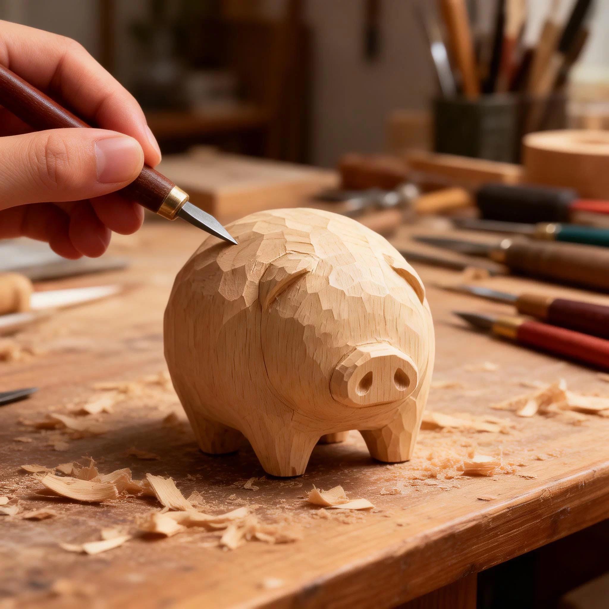 Hand Carved Wooden Pig Figurine, Japanese Style Wood Pig Sculpture, Eco Friendly Renewable Wood Desk Decor, Handmade Animal Miniature Gift
