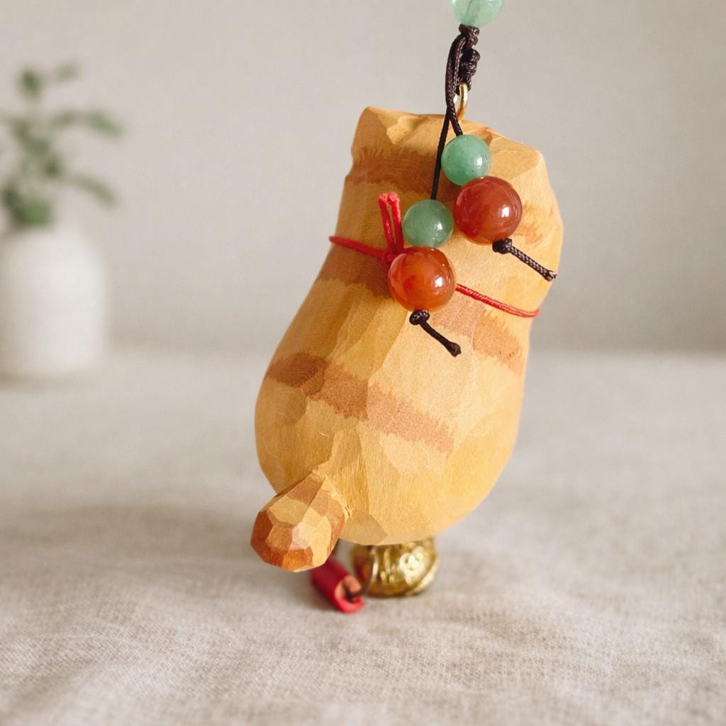 Japanese Hand Carved Lucky Cat Car Hanging Ornament, Wooden Rearview Mirror Charm, Feng Shui Car Charm, Cute Maneki Neko Car Decoration
