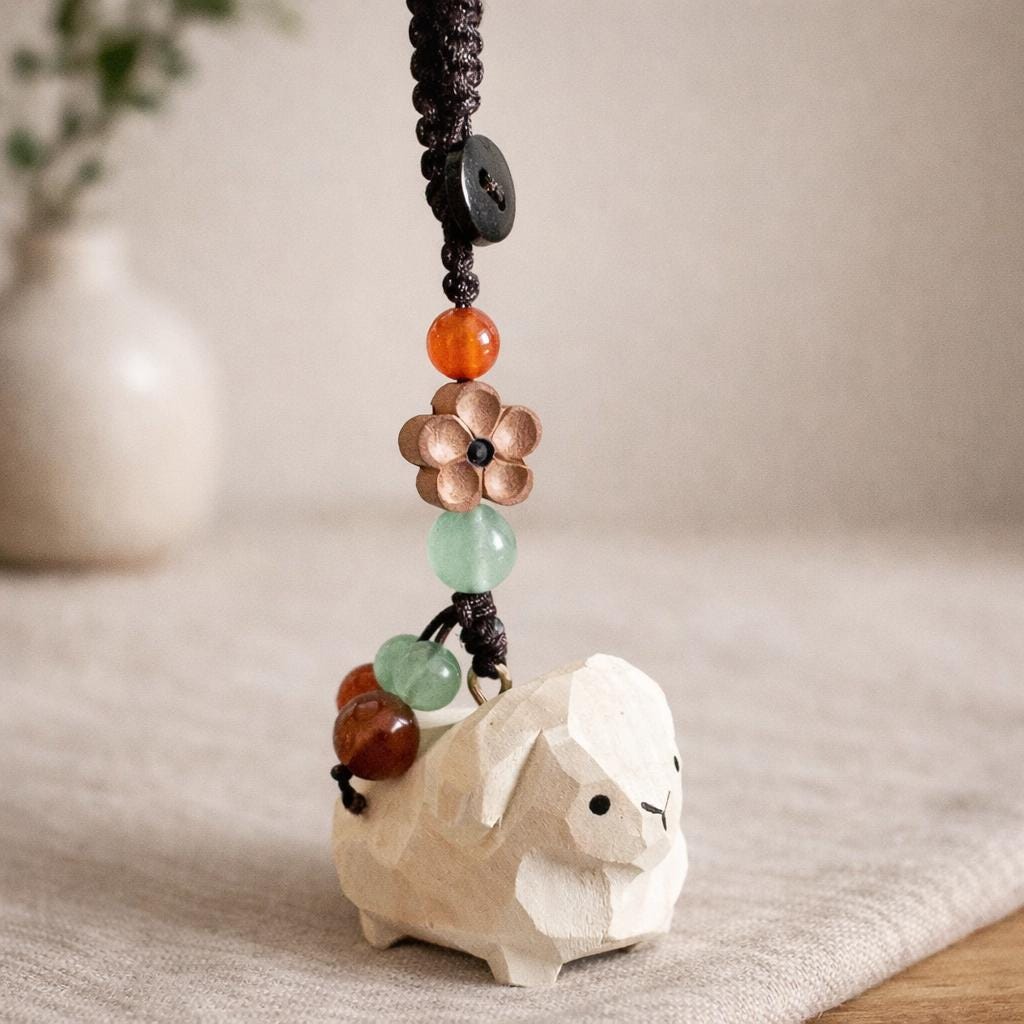 Japanese Hand Carved Sheep Keychain, Wooden Sheep Bag Charm, Cute Animal Keychain, Handmade Wood Key Ring, Cute Sheep Phone Charms Gift
