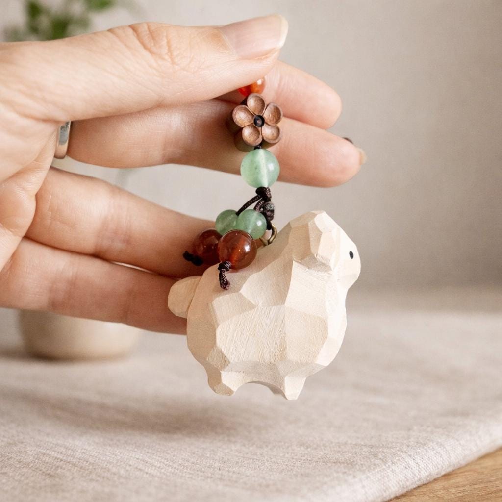 Japanese Hand Carved Sheep Keychain, Wooden Sheep Bag Charm, Cute Animal Keychain, Handmade Wood Key Ring, Cute Sheep Phone Charms Gift