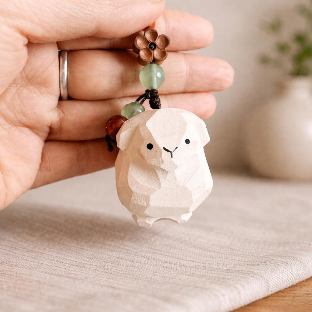 Japanese Hand Carved Sheep Keychain, Wooden Sheep Bag Charm, Cute Animal Keychain, Handmade Wood Key Ring, Cute Sheep Phone Charms Gift
