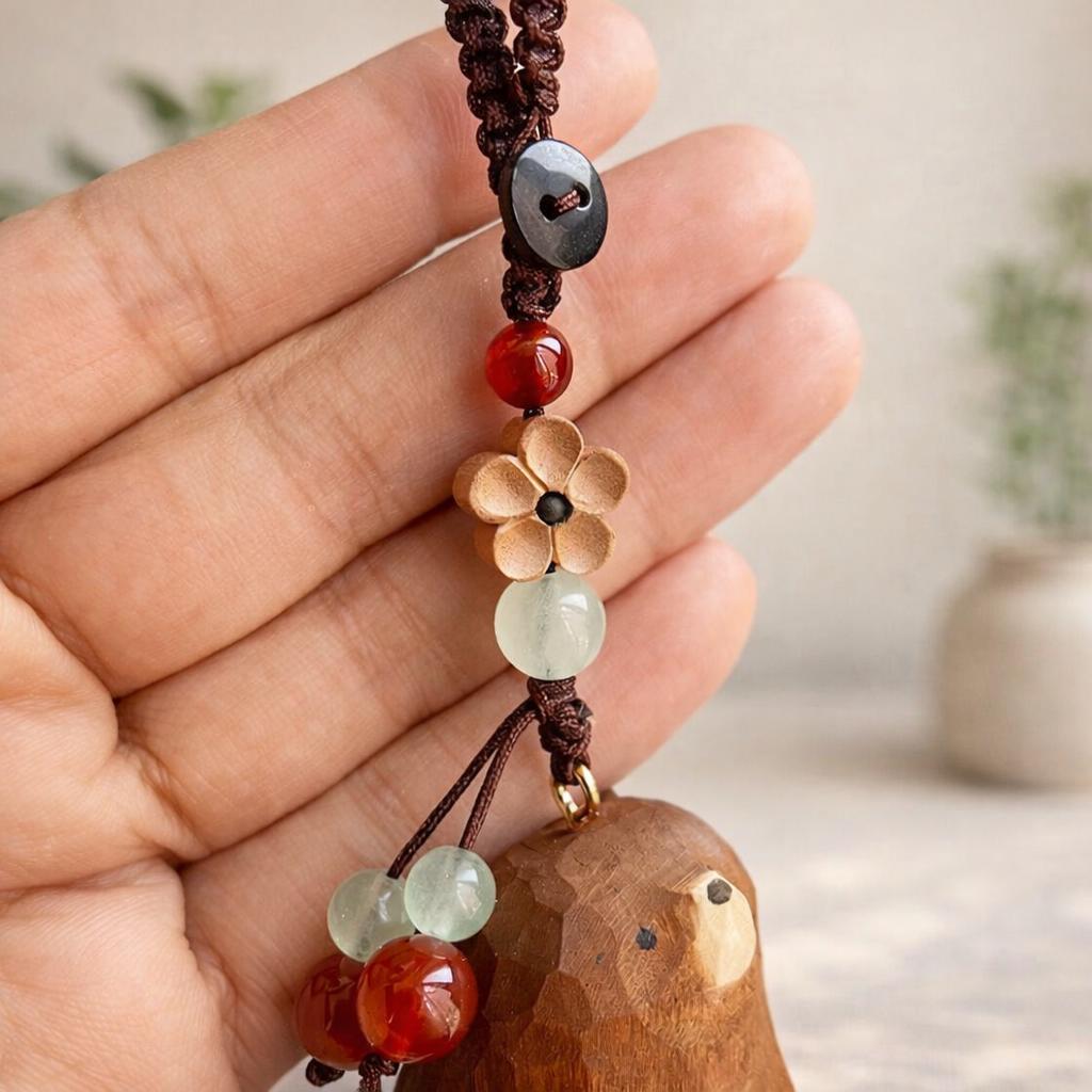 Japanese Hand Carved Wooden Bear Keychain, Cute Bag Charm, Handmade Wood Bear Pendant, Lucky Peace Charm Key Ring, Backpack, Phone Charm