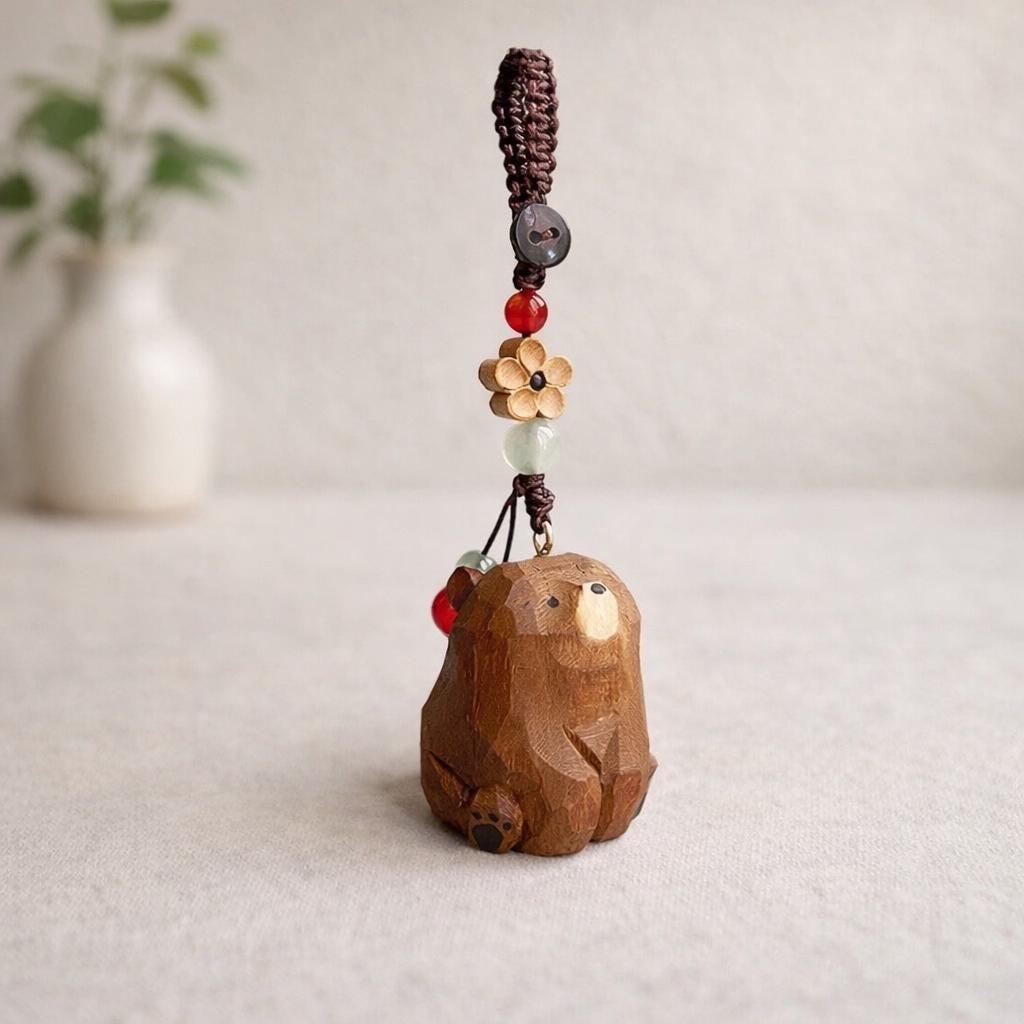 Japanese Hand Carved Wooden Bear Keychain, Cute Bag Charm, Handmade Wood Bear Pendant, Lucky Peace Charm Key Ring, Backpack, Phone Charm