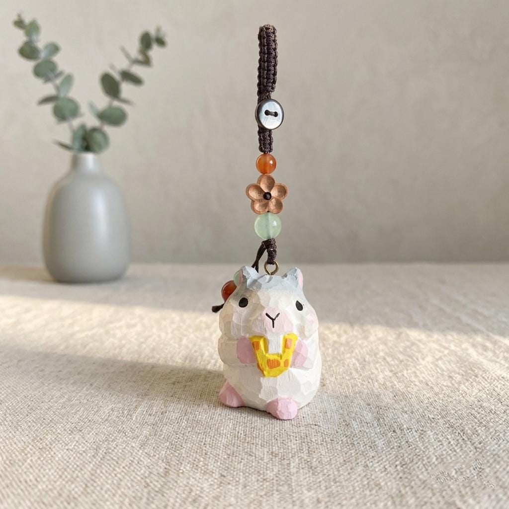Hand Carved Wooden Mouse Keychain, Cute Animal Bag Charm, Handmade Key Holder Pendant, Wood Sculpture Gift, Backpack Car Key Accessory
