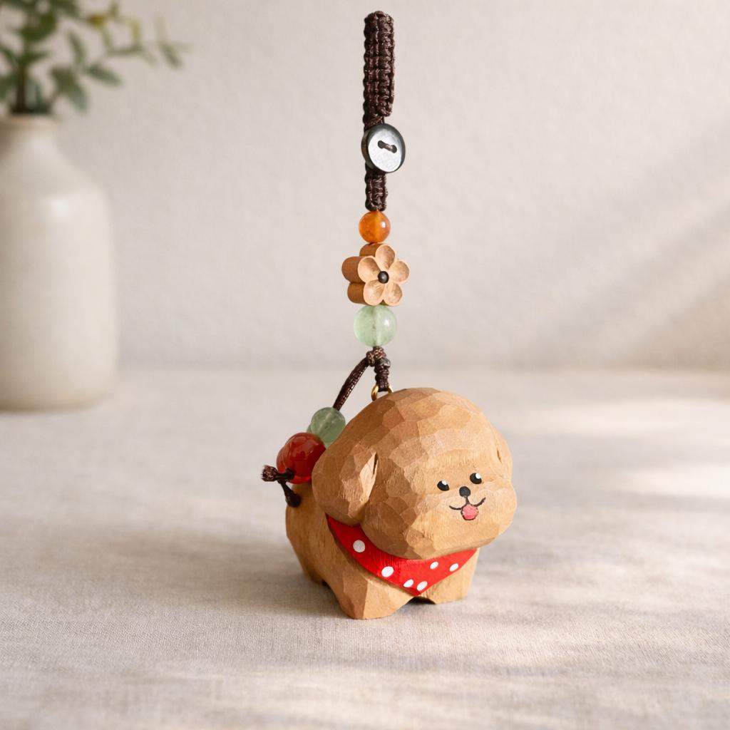 Hand Carved Wooden Dog Keychain, Cute Puppy Keyring, Handmade Wood Bag Charm, Phone Charms, Car Key Pendant, Gift for Friends