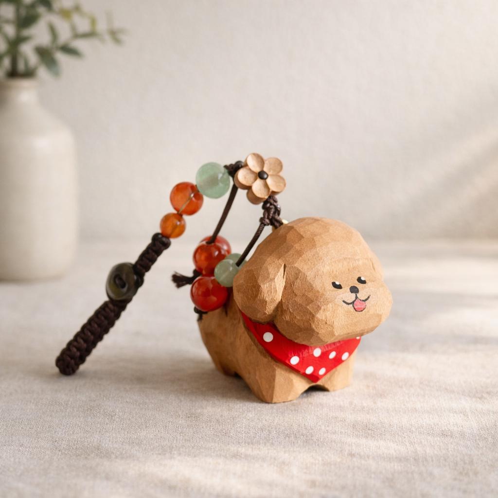 Hand Carved Wooden Dog Keychain, Cute Puppy Keyring, Handmade Wood Bag Charm, Phone Charms, Car Key Pendant, Gift for Friends