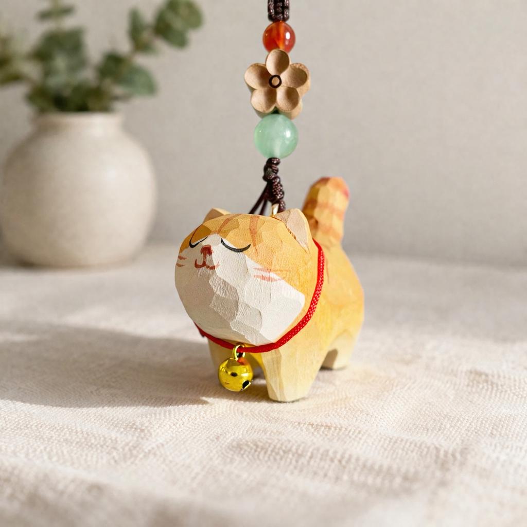 Hand Carved Wooden Cat Keychain, Cute Cat Bag Charm, Handmade Wood Pendant Phone Charm, Car Hanging Ornament, Lucky Gift for Cat Lovers
