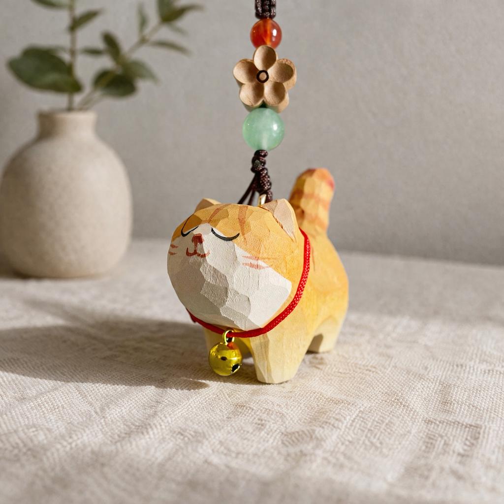 Hand Carved Wooden Cat Keychain, Cute Cat Bag Charm, Handmade Wood Pendant Phone Charm, Car Hanging Ornament, Lucky Gift for Cat Lovers
