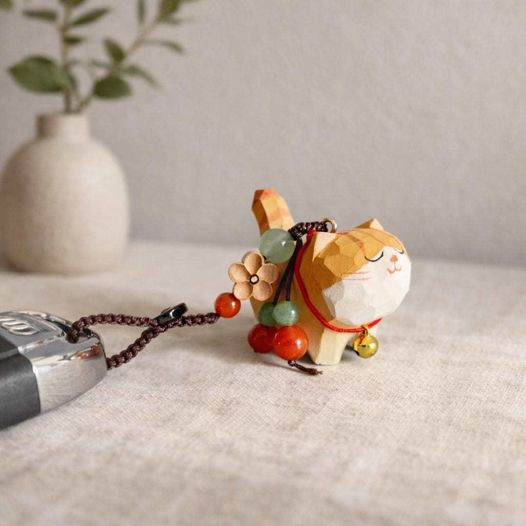 Hand Carved Wooden Cat Keychain, Cute Cat Bag Charm, Handmade Wood Pendant Phone Charm, Car Hanging Ornament, Lucky Gift for Cat Lovers