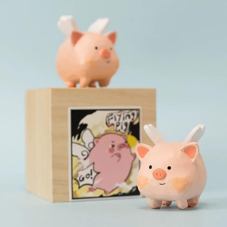 Japanese Style Hand Carved Flying Pig Wooden Figurine, Cute Pig Desk Decor, Handmade Wood Sculpture, Whimsical Home Decor, Gift for Friends