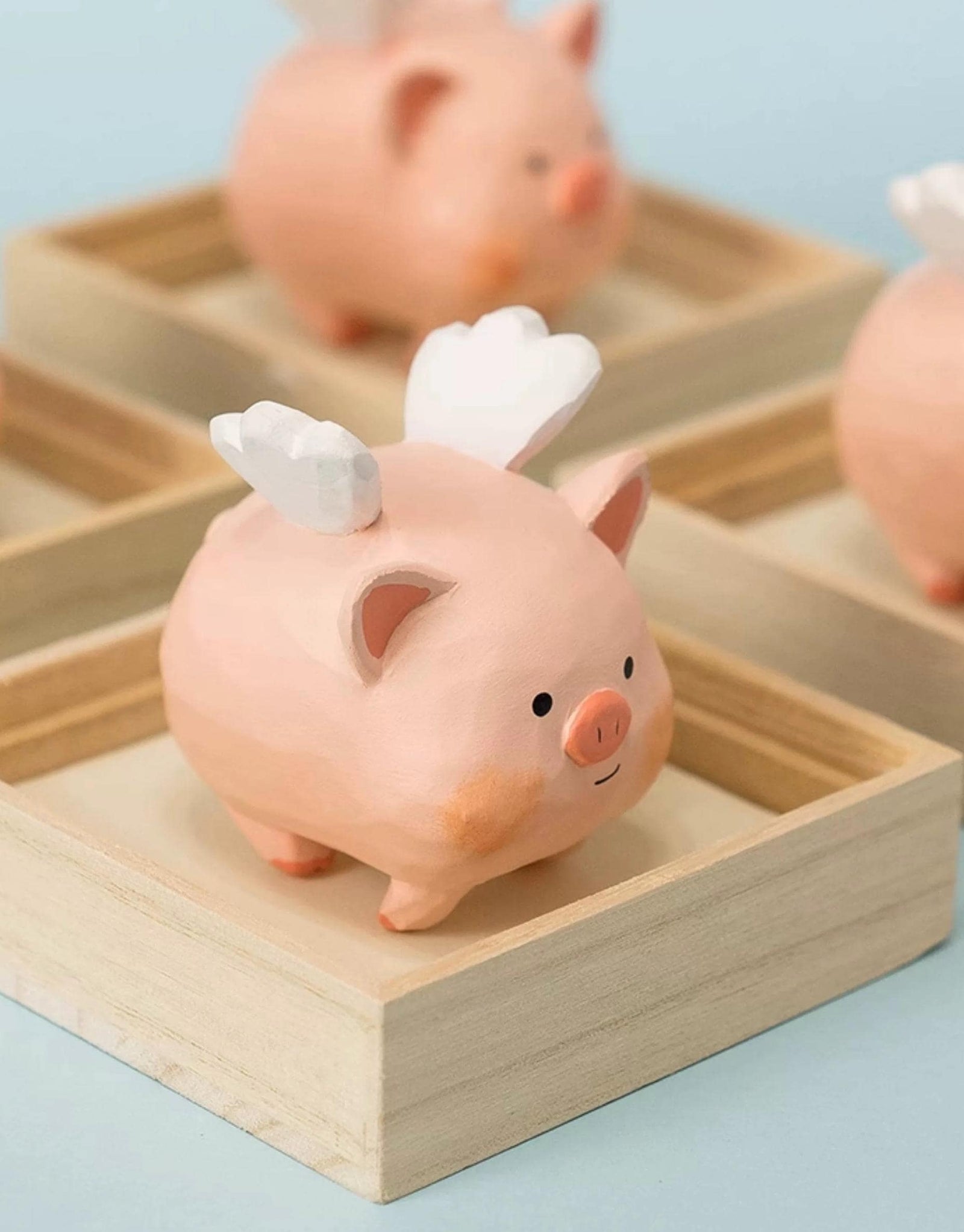 Japanese Style Hand Carved Flying Pig Wooden Figurine, Cute Pig Desk Decor, Handmade Wood Sculpture, Whimsical Home Decor, Gift for Friends