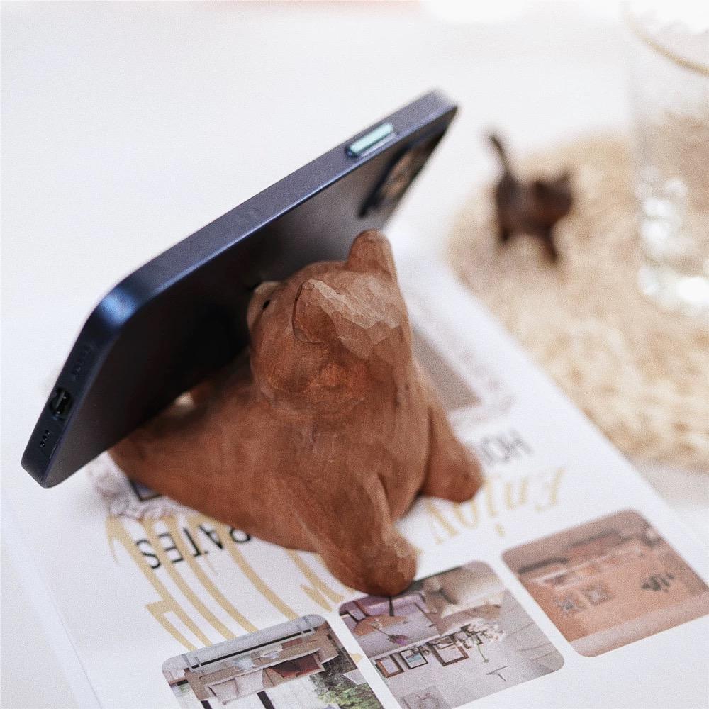 Hand Carved Wooden Bear Phone Stand, Handmade Wood Phone Holder, Bear Desk Stand, Solid Wood Phone Support, Cute Desk Accessory