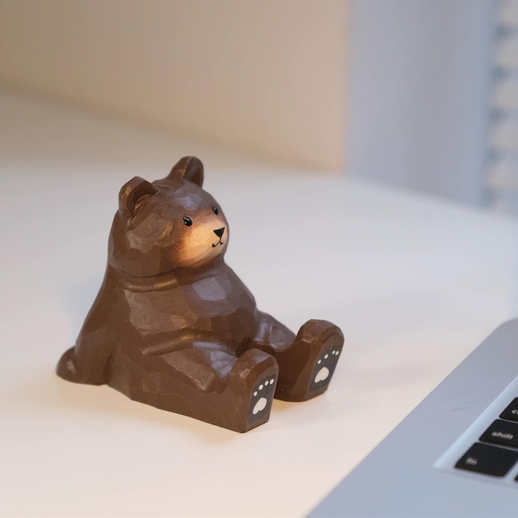 Hand Carved Wooden Bear Phone Stand, Handmade Wood Phone Holder, Bear Desk Stand, Solid Wood Phone Support, Cute Desk Accessory