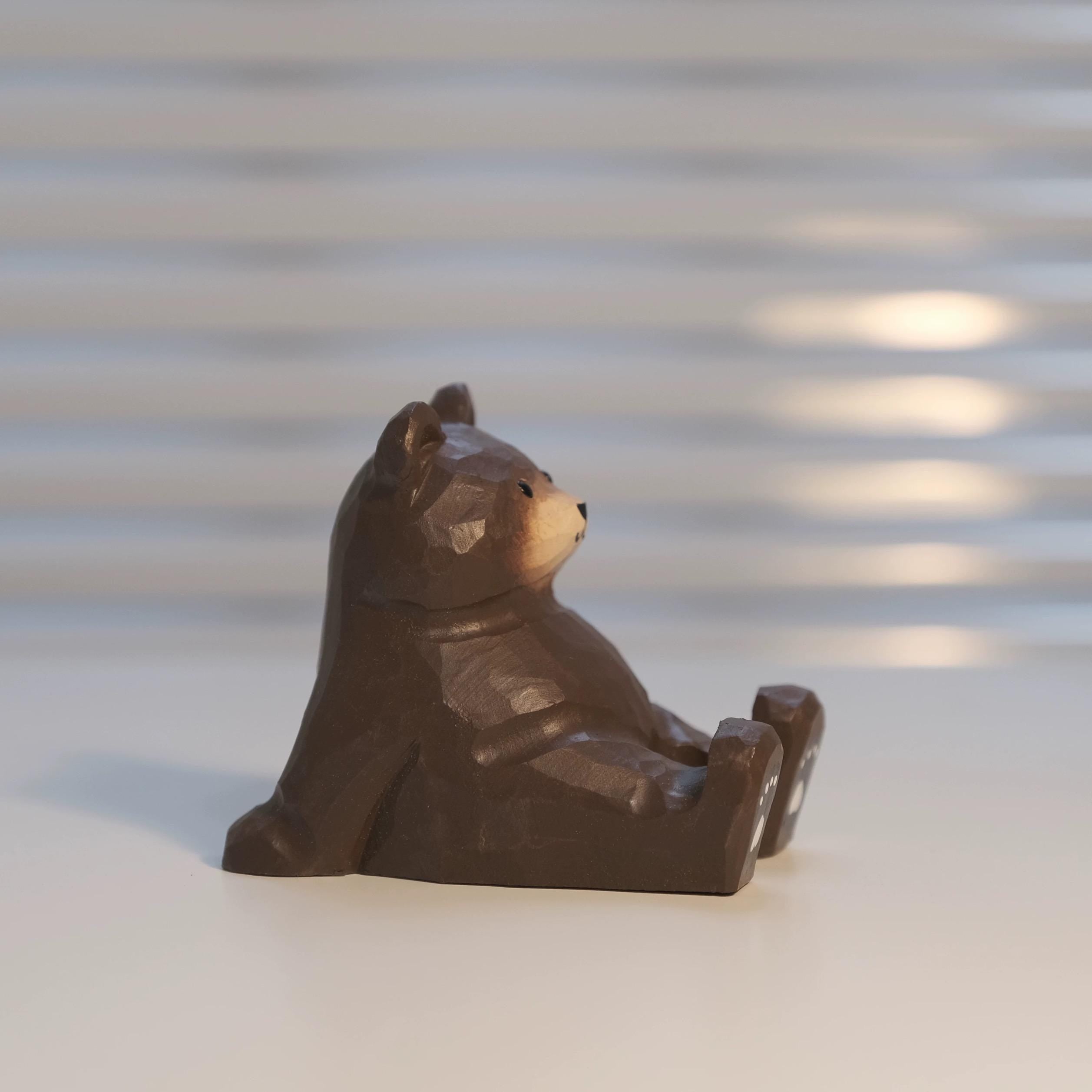 Hand Carved Wooden Bear Phone Stand, Handmade Wood Phone Holder, Bear Desk Stand, Solid Wood Phone Support, Cute Desk Accessory
