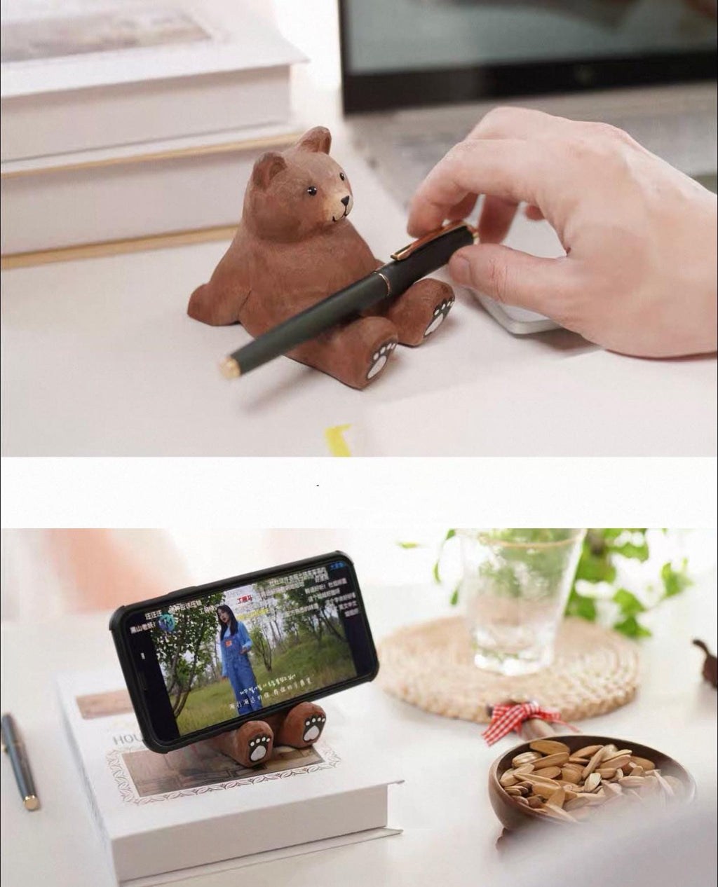 Hand Carved Wooden Bear Phone Stand, Handmade Wood Phone Holder, Bear Desk Stand, Solid Wood Phone Support, Cute Desk Accessory