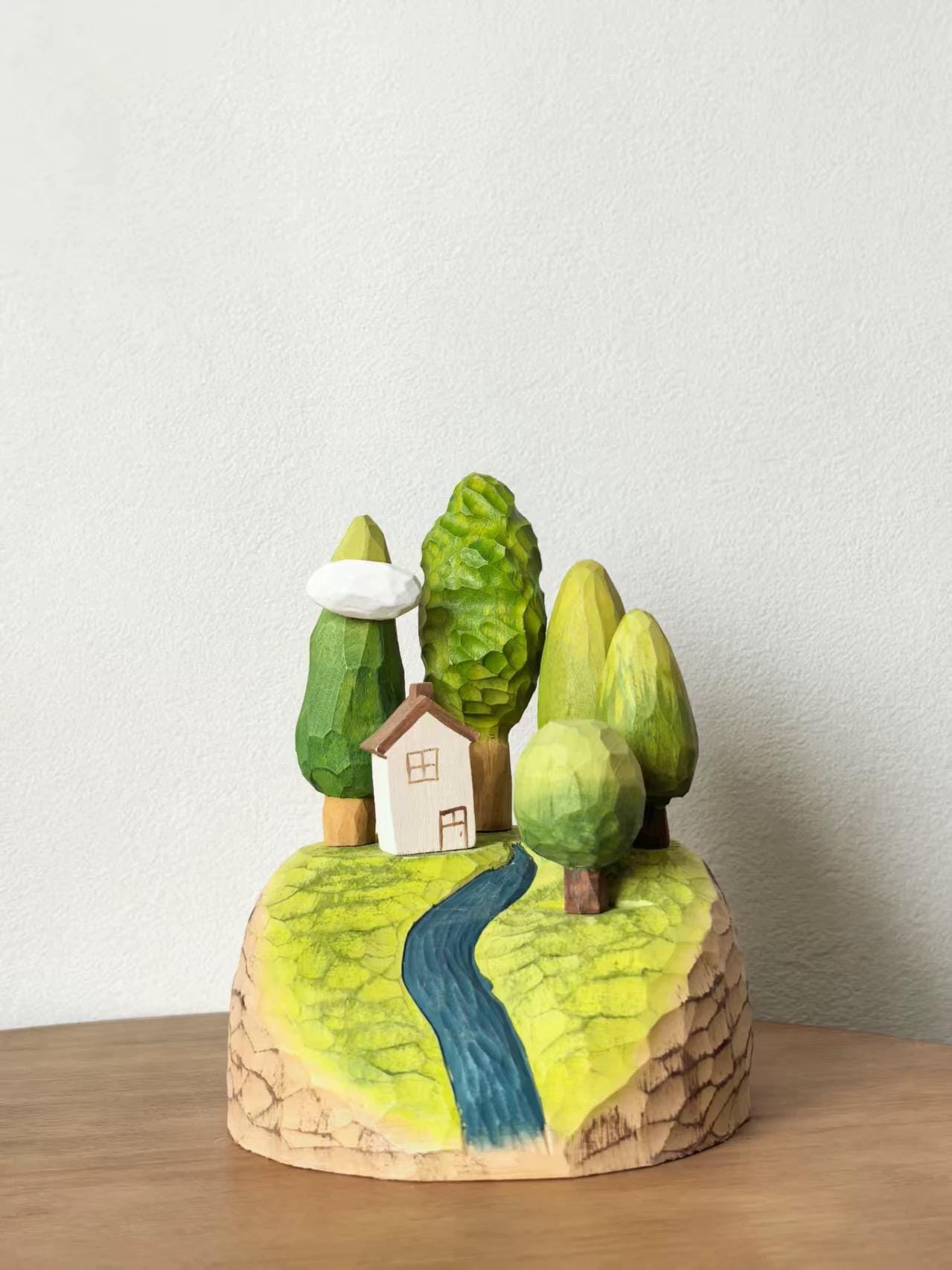 Hand Carved Wooden Forest Diorama – Mini Landscape Sculpture with Trees & Cabin, Magnetic Wooden Desk Decor, Cozy Nature Gift