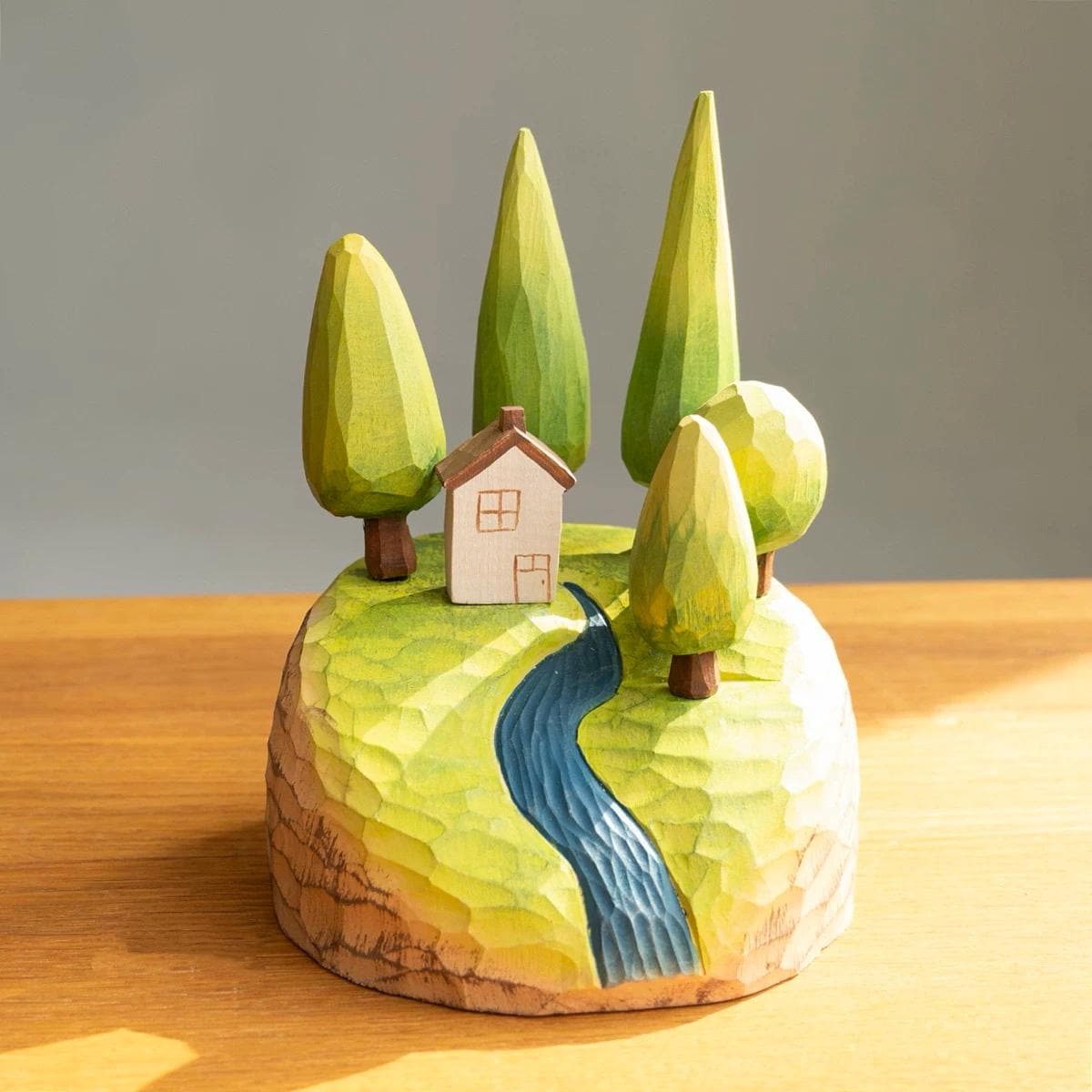 Hand Carved Wooden Forest Diorama – Mini Landscape Sculpture with Trees & Cabin, Magnetic Wooden Desk Decor, Cozy Nature Gift