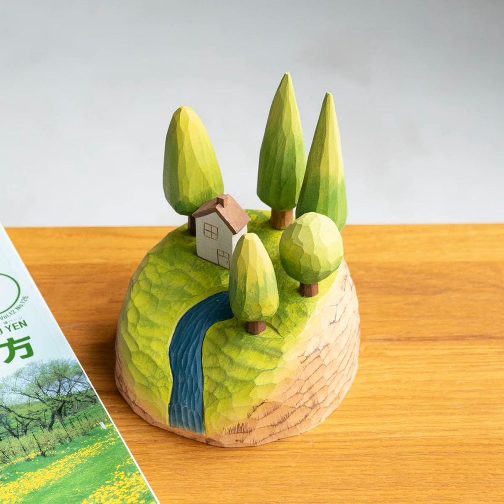 Hand Carved Wooden Forest Diorama – Mini Landscape Sculpture with Trees & Cabin, Magnetic Wooden Desk Decor, Cozy Nature Gift