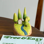 Hand Carved Wooden Forest Diorama – Mini Landscape Sculpture with Trees & Cabin, Magnetic Wooden Desk Decor, Cozy Nature Gift