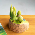 Hand Carved Wooden Forest Diorama – Mini Landscape Sculpture with Trees & Cabin, Magnetic Wooden Desk Decor, Cozy Nature Gift