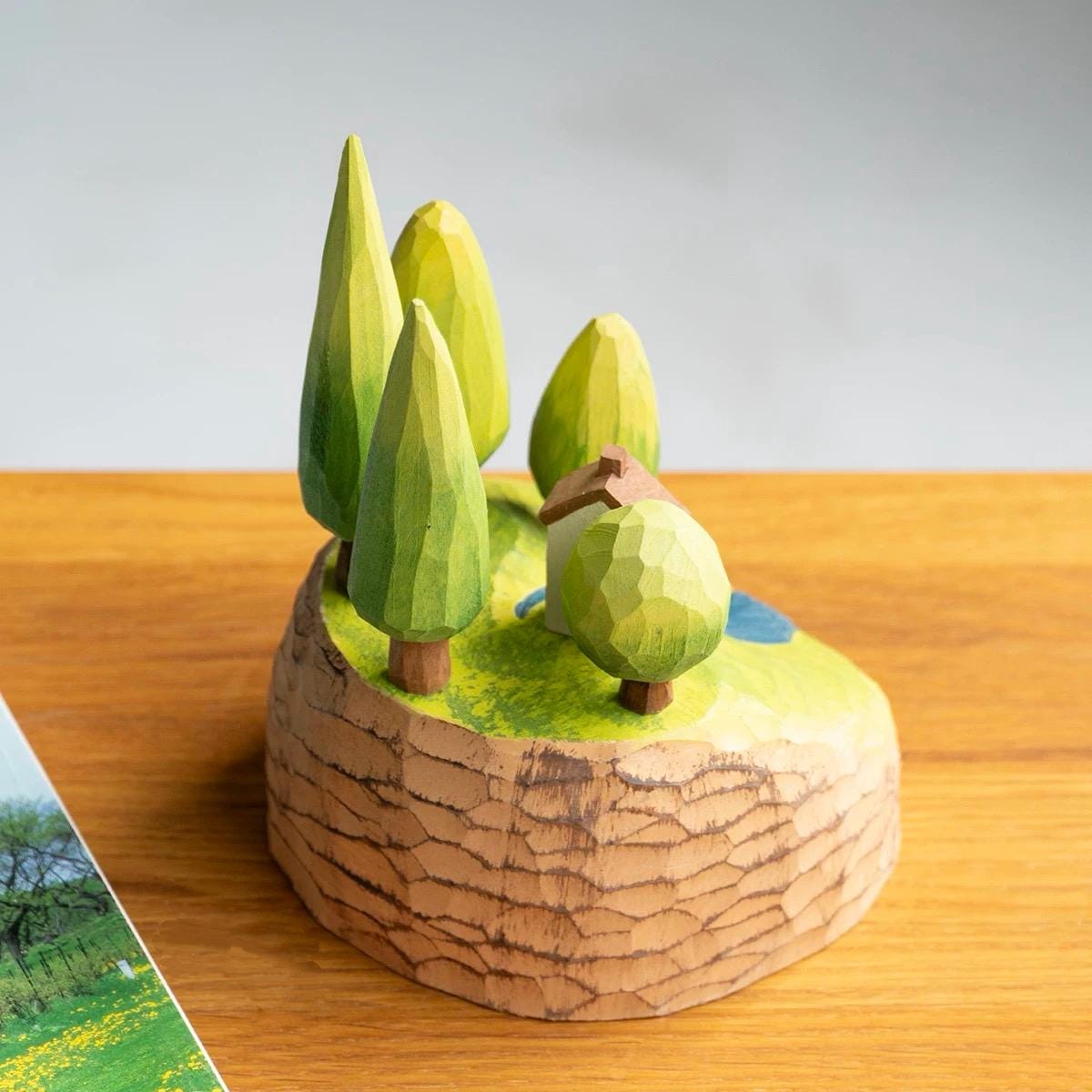 Hand Carved Wooden Forest Diorama – Mini Landscape Sculpture with Trees & Cabin, Magnetic Wooden Desk Decor, Cozy Nature Gift
