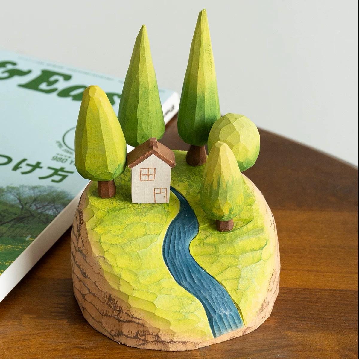 Hand Carved Wooden Forest Diorama – Mini Landscape Sculpture with Trees & Cabin, Magnetic Wooden Desk Decor, Cozy Nature Gift