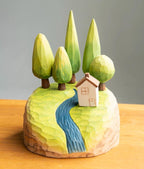 Hand Carved Wooden Forest Diorama – Mini Landscape Sculpture with Trees & Cabin, Magnetic Wooden Desk Decor, Cozy Nature Gift