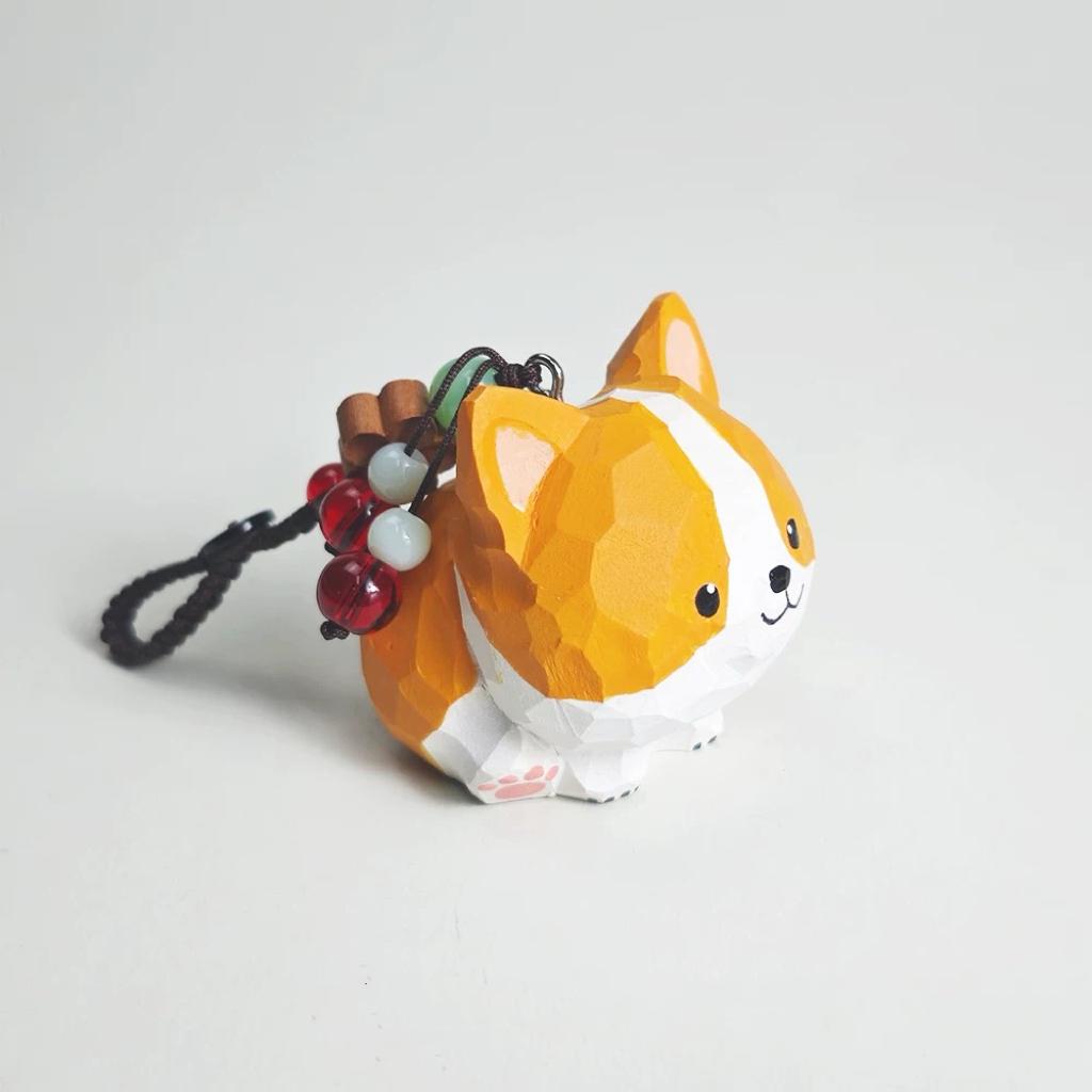 Hand Carved Wooden Corgi Keychain, Cute Dog Bag Charm, Handmade Wood Figurine Key Ring, Minimal Animal Gift for Friends