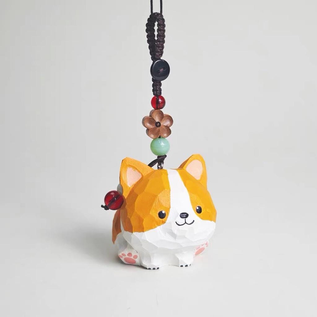 Hand Carved Wooden Corgi Keychain, Cute Dog Bag Charm, Handmade Wood Figurine Key Ring, Minimal Animal Gift for Friends