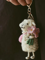 Handmade Wool Felt Sheep Keychain, with Pink Flower Bag Charm, Cute 3D Felt Animal Pendant. Funny Sheep smile face, Gift for her,friends