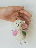 Handmade Wool Felt Sheep Keychain, with Pink Flower Bag Charm, Cute 3D Felt Animal Pendant. Funny Sheep smile face, Gift for her,friends