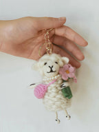 Handmade Wool Felt Sheep Keychain, with Pink Flower Bag Charm, Cute 3D Felt Animal Pendant. Funny Sheep smile face, Gift for her,friends