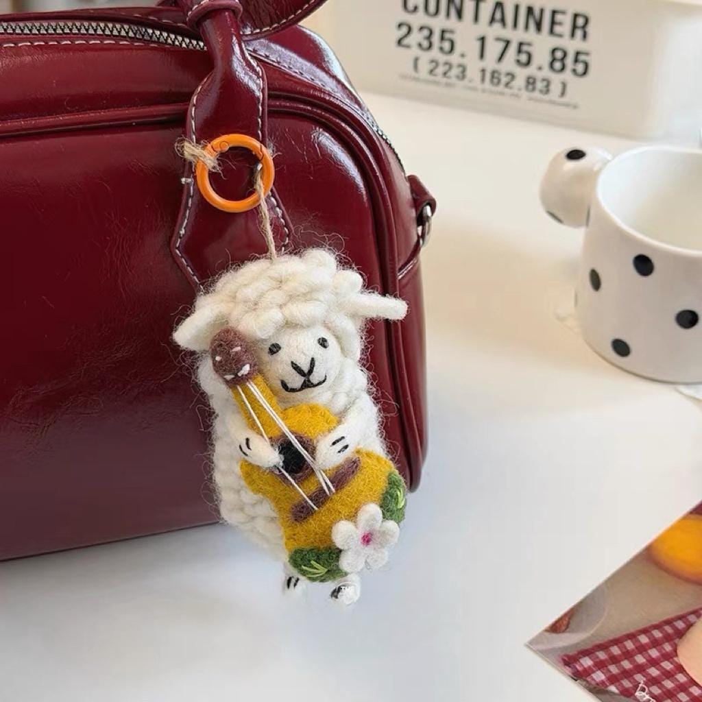 Handmade Felt Lamb Keychain, Cute Sheep with Guitar Bag Charm, Wool Animal Keyring Gift for Her