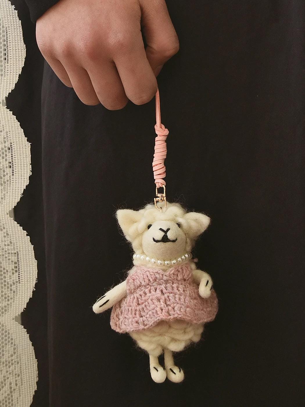 Handmade Felt Sheep Keychain, Cute Wool Lamb Bag Charm with Pink Sweater, Mini Animal Pendant Gift for Her