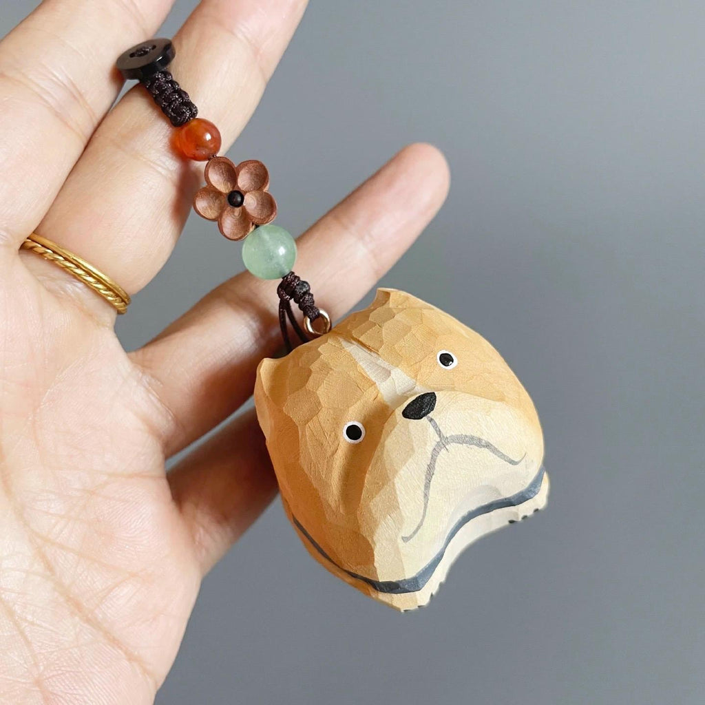 Hand Carved Wooden Bulldog Keychain, Cute Dog Bag Charm, Handmade Wood Animal Pendant, Car Mirror Hanging Decor, Gift for Dog Lovers