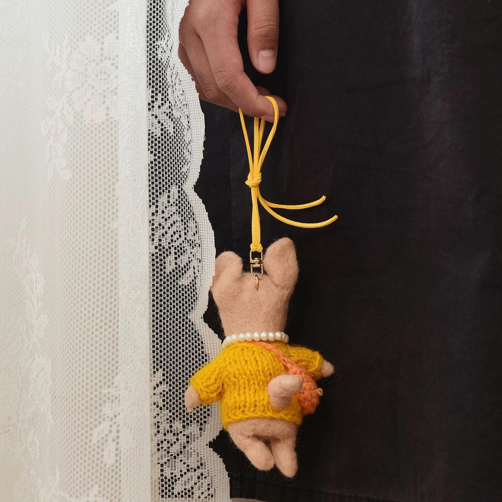 Handmade Felt Pig Keychain, Wool Felt Pig Doll Bag Charm with Yellow Sweater, Handcrafted Animal Keyring, Cute Handmade Gift