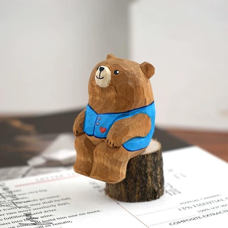 Hand Carved Wooden Bear Figurine, Mini Animal Sculpture, Desk Decor Ornament, Handmade Wood Art Gift for Friends, Kids