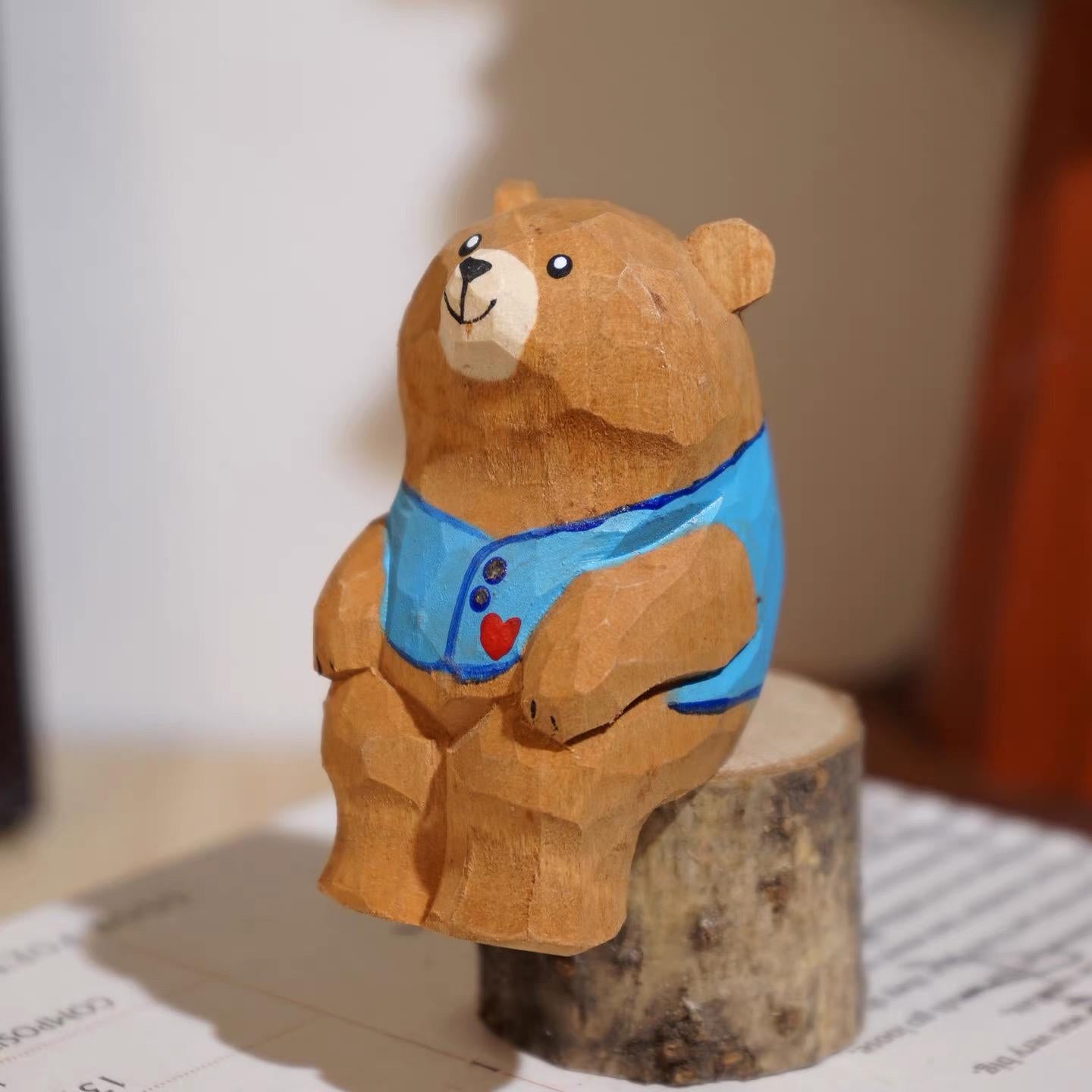 Hand Carved Wooden Bear Figurine, Mini Animal Sculpture, Desk Decor Ornament, Handmade Wood Art Gift for Friends, Kids