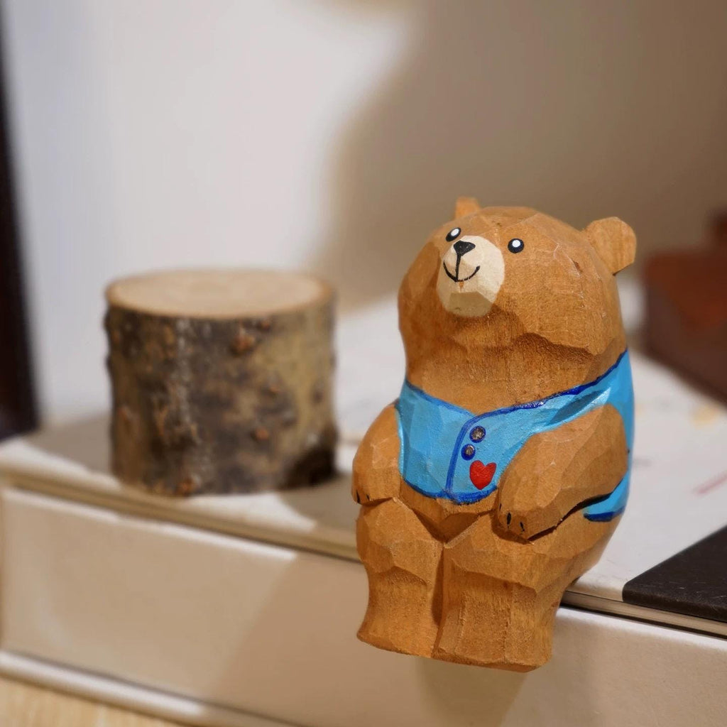 Hand Carved Wooden Bear Figurine, Mini Animal Sculpture, Desk Decor Ornament, Handmade Wood Art Gift for Friends, Kids