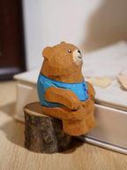 Hand Carved Wooden Bear Figurine, Mini Animal Sculpture, Desk Decor Ornament, Handmade Wood Art Gift for Friends, Kids