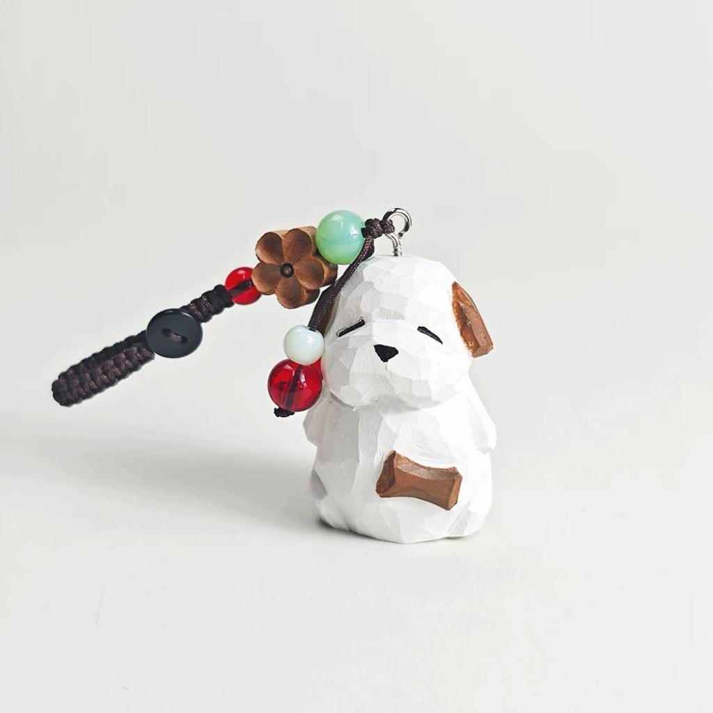 Sleepy White Puppy Wooden Charm, Hand-Carved Dog Keychain, Minimal Animal Bag Charm, Small Gift for Dog Lovers, Cute Desk or Car Decor