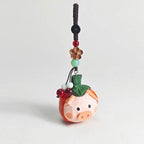 Lucky Pumpkin Pig Wooden Charm – Hand Carved Pig Keychain with Peace Bead, Cute Bag & Car Hanging Ornament