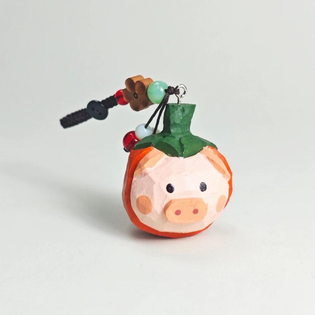 Lucky Pumpkin Pig Wooden Charm – Hand Carved Pig Keychain with Peace Bead, Cute Bag & Car Hanging Ornament