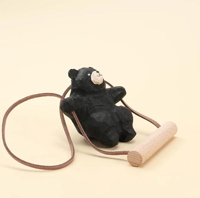 Hand-Carved Wooden Bear Swing Charm, Rolling eye Animal Car Hanging Ornament, Bag Keychain Pendant, Rustic Forest Decor Gift