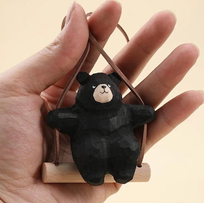 Hand-Carved Wooden Bear Swing Charm, Rolling eye Animal Car Hanging Ornament, Bag Keychain Pendant, Rustic Forest Decor Gift