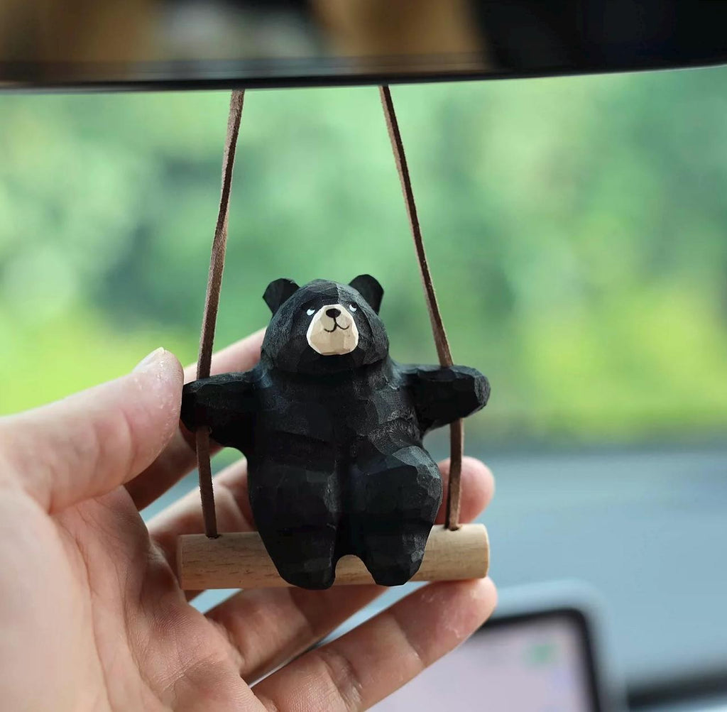 Hand-Carved Wooden Bear Swing Charm, Rolling eye Animal Car Hanging Ornament, Bag Keychain Pendant, Rustic Forest Decor Gift