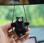 Hand-Carved Wooden Bear Swing Charm, Rolling eye Animal Car Hanging Ornament, Bag Keychain Pendant, Rustic Forest Decor Gift