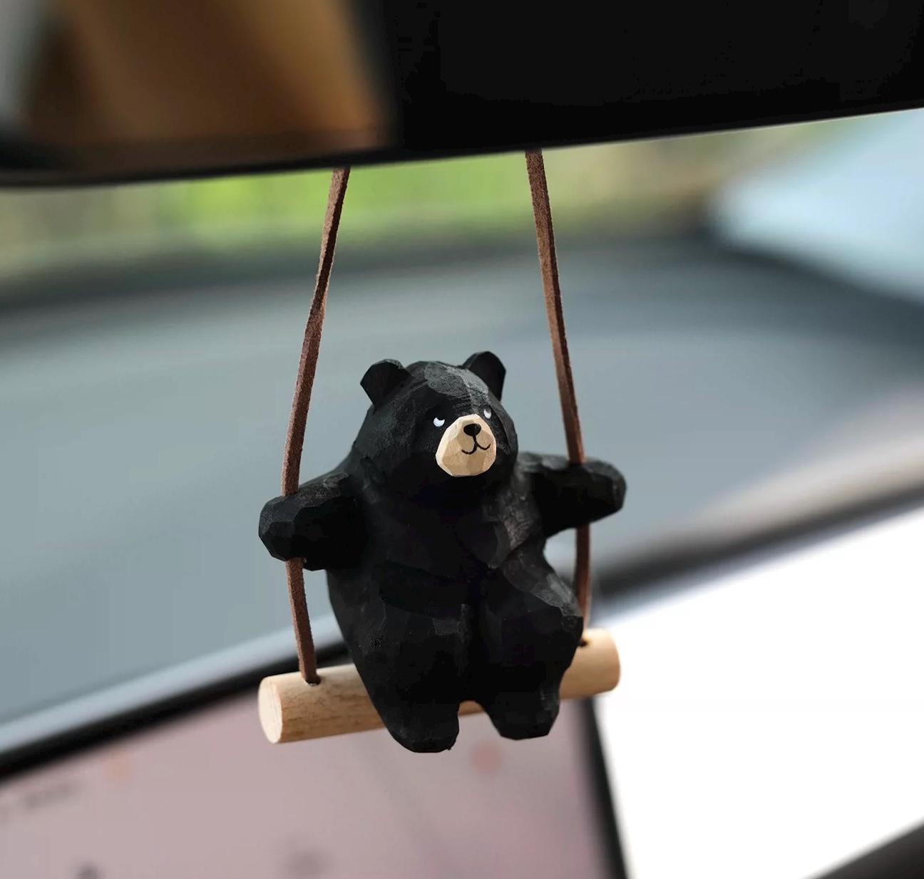 Hand-Carved Wooden Bear Swing Charm, Rolling eye Animal Car Hanging Ornament, Bag Keychain Pendant, Rustic Forest Decor Gift