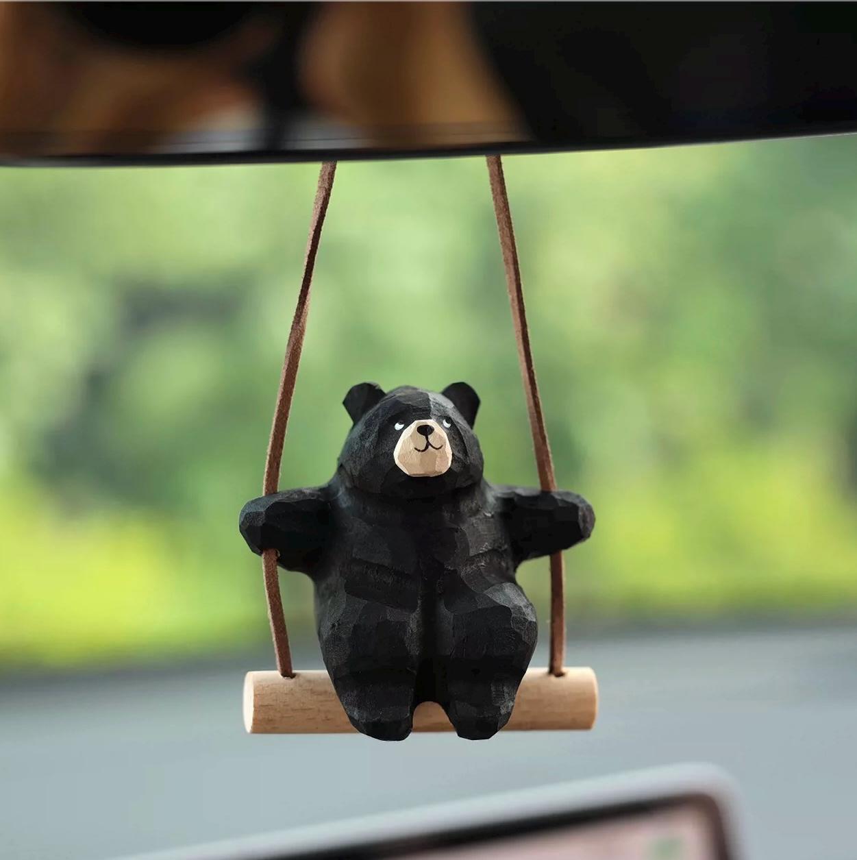 Hand-Carved Wooden Bear Swing Charm, Rolling eye Animal Car Hanging Ornament, Bag Keychain Pendant, Rustic Forest Decor Gift